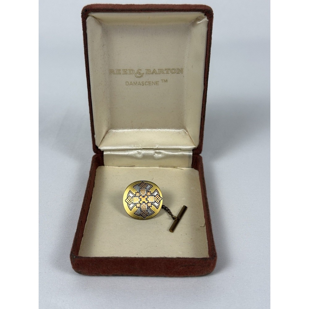 Vintage Reed & Barton Damascene Maltese Cross Tie Tack w/ Box